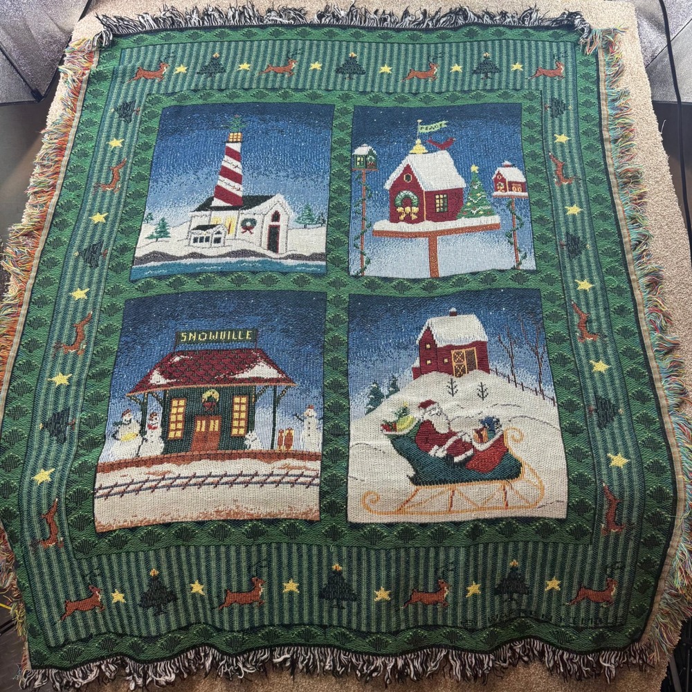 Snowville Winter Village Woven Tapestry Throw Blanket Reindeer Santa 53x47 VTG